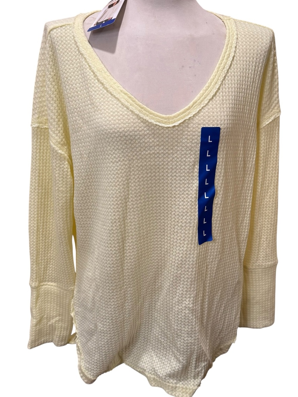 Vintage America Women’s L Waffle Knit V Neck Long Sleeve Top Yellow NWT